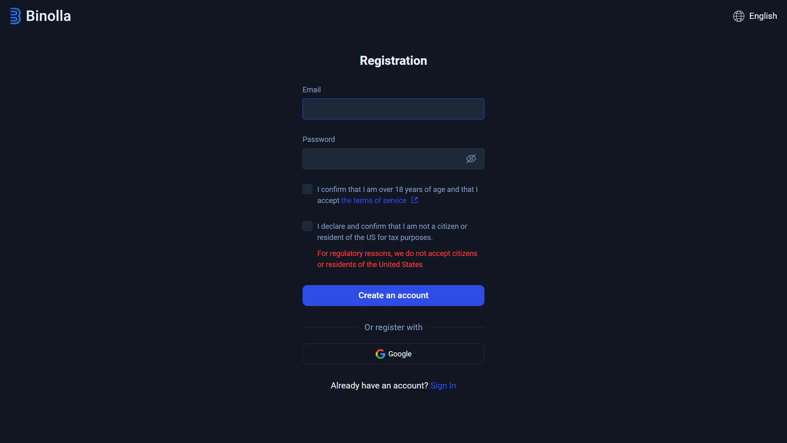 Форма регистрации Binolla с email, паролем, подтверждением возраста и условиями