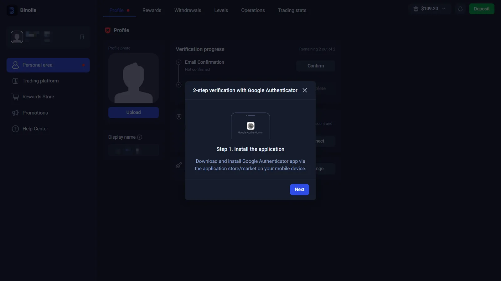 Личный кабинет Binolla со статусом верификации личности и настройкой Google Authenticator